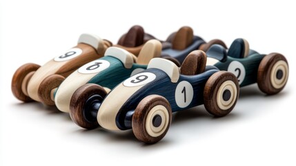 A set of colorful wooden toy race cars, perfect for children's play and decoration. Classic design with unique numbers on each car.