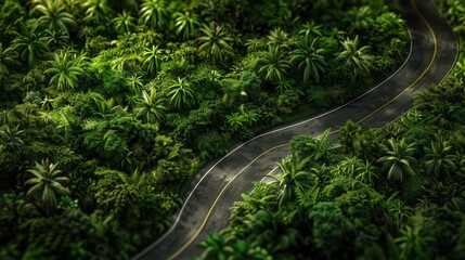 Sticker - Winding road through tropical forest With lush green leaves and a sense of adventure.