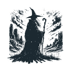 Wall Mural - The black witch wizard. Black white vector illustration.
