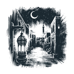 Poster - The alley on ramadan with lanterns. Black white vector illustration.