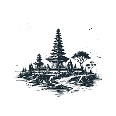 Canvas Print - The bali landscape. Black white vector illustration.
