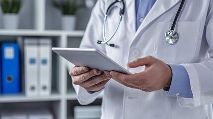 Medical office with a doctor reviewing patient files on a tablet with a well-organized workspace in the background