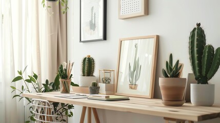 modern desk with cactus decor and framed artwork, natural daylight, clean white background, closeup