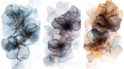 Wall Mural - The collection features three stunning panels showcasing translucent flowers in an abstract alcohol ink style, perfect for enhancing modern decor and elevating interior design aesthetics