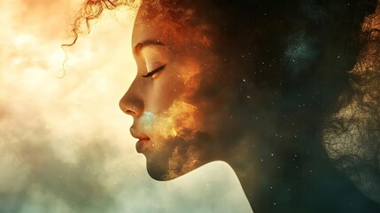 A stunning silhouette of a woman, blending with cosmic colors, representing beauty and the universe's mysteries.