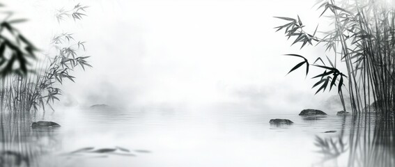 Wall Mural - white background ink painting style bamboo forest in the mist