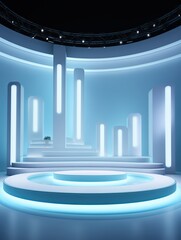 Wall Mural - A white circular stage with a semi-circular light strip behind it, a blue background, a C4D rendering style, a minimalist design, light and shadow effects, a product display scene