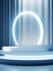 Wall Mural - A white circular stage with a semi-circular light strip behind it, a blue background, a C4D rendering style, a minimalist design, light and shadow effects, a product display scene