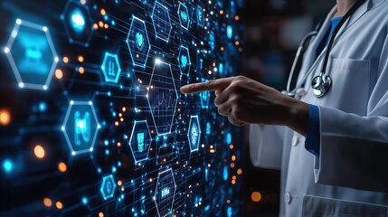 Abstract digital background with a doctor holding a stethoscope point to medical hexagons icons on a virtual screen, Modern technology in the medical concept