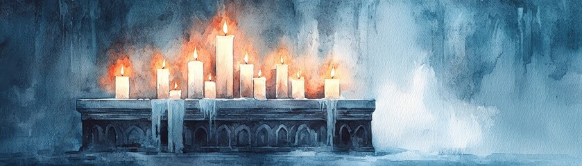 Canvas Print - Burning Candles on a Cold Stone Wall.