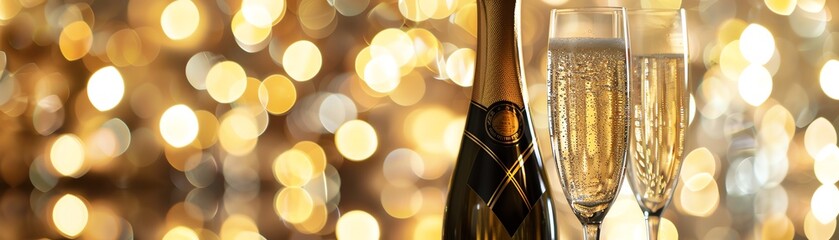 Champagne bottle and glasses on a reflective surface, golden bokeh background, elegant soft lighting, closeup