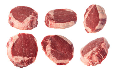 Set of beef tenderloin steak, raw meat isolated on white background with clipping path, full depth of field.