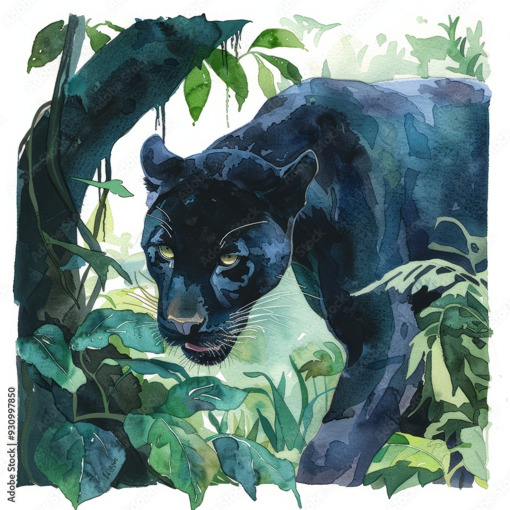 Watercolor painting of a sleek panther slinking through the shadows of ...