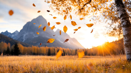 Wall Mural - Stunning Autumn Sunset with Falling Leaves in the Mountains