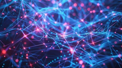 Fototapete - Abstract 3D animation of neural network with colorful lights and digital data