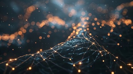 Poster - Abstract AI neural network with dynamic connections and light particles, dark background