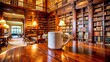 © Komkrit - A white mug on a wooden desk in a grand, historic library, surrounded by towering bookshelves filled with leather-bound volumes and soft, warm lighting.