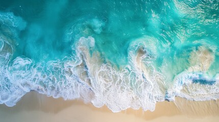 Poster - Aerial view of turquoise waves crashing on sandy beach with plenty of copy space in the background