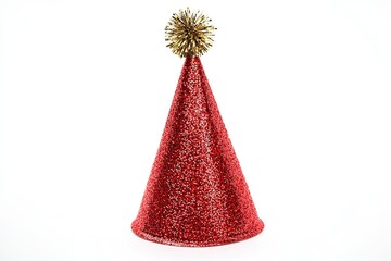 A shiny red party hat with a golden pom-pom on top, perfect for celebrations, birthdays, or festive events.