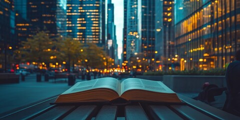 The texture of a book being read on a park bench in a busy downtown plaza, with office buildings and traffic in the background