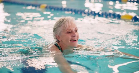 Sticker - Senior woman, swimming and workout in pool for health with aquatic sports, retirement and physiotherapy. Elderly lady, water gym and rehabilitation for arthritis, hydrotherapy and cardio exercise