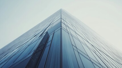 Poster - Contemporary high-rise with a smooth glass facade and sharp architectural lines standing tall in a cityscape.