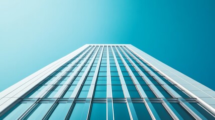 Poster - Contemporary office tower with a geometric facade and vertical lines against a clear blue sky.a
