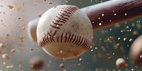 The texture of a baseball bat swinging through a hit, with the ball just leaving the bat and teammates cheering in the background