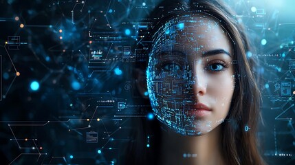 Wall Mural - a woman's face, adorned with a futuristic digital overlay, symbolizes ai and the digital world.
