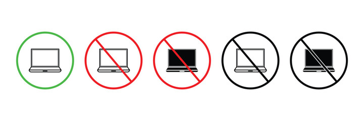 Set of  Forbidden No Electronic Devices Allowed icon collection. Laptop Usage Prohibition symbol. Vector Illustration.