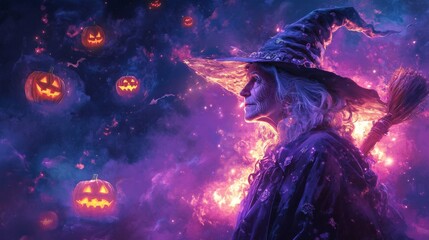 Mystic Wizard with Long Beard and Staff Standing Against Glowing Jack-o'-lanterns and Bats in Purple Background