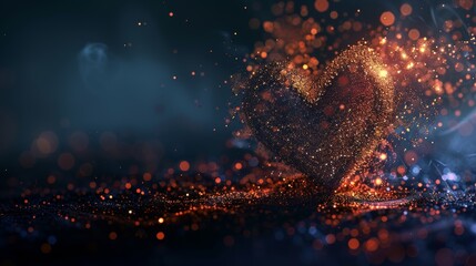 Wall Mural - Glowing heart made of glittery particles on a dark backdrop