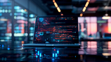 Wall Mural - software codes display on screen of a laptop on the table in modern office, web development software