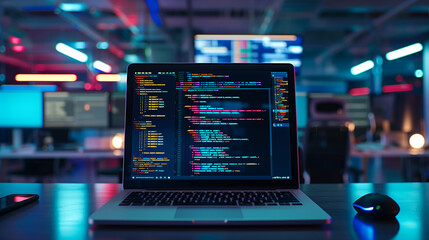 software codes display on screen of a laptop on the table in modern office, web development software