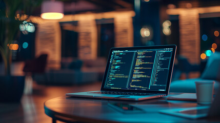 Wall Mural - software codes display on screen of a laptop on the table in modern office, web development software