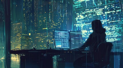 Leinwandbilder - A silhouette of a hacker in a hoodie operates a computer with glowing screens filled with flowing code against a backdrop of a city skyline. Generative AI