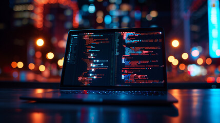 Wall Mural - software codes display on screen of a laptop on the table in modern office, web development software