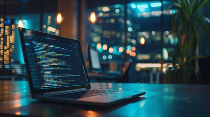 Wall Mural - software codes display on screen of a laptop on the table in modern office, web development software