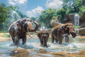 Aufkleber - Three elephants enjoy a playful splash in a river, surrounded by vibrant greenery and cascading waterfalls on a warm day. Generative AI