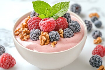 Delicious smoothie bowl topped with fresh raspberries, blackberries, walnuts, and mint leaves, perfect for a healthy breakfast.