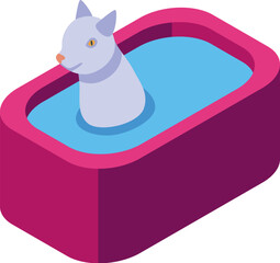 Wall Mural - Isometric icon of a white cat enjoying a relaxing bath in blue water