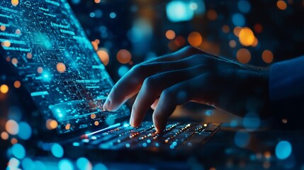 Close-up of a Hand Typing on a Laptop with a Blue and Orange Lights Background