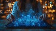 © Naret - Close-up of a business person displaying a blue neon sign of a collapsing real estate market on a tablet, with a focus on the symbol, space for text