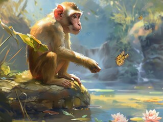 Poster - Charming Monkey and Butterfly in Sunny Riverbank