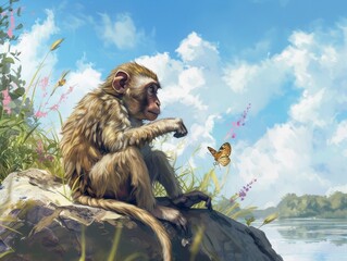 Wall Mural - Riverside Harmony: Monkey and Butterfly's Delight