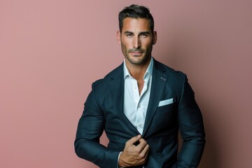 Wall Mural - muscular man in a sharp outfit, confidently presenting against a solid color background, showcasing 