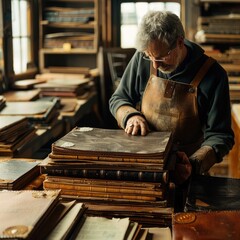 Vintage Bookbinder Assembling Leather-Bound Books