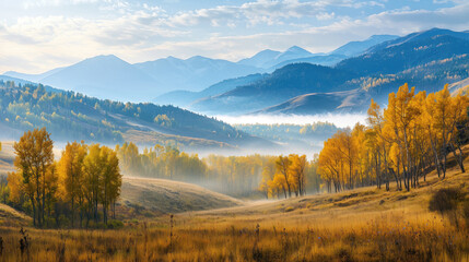 Wall Mural - View of the mountain range in autumn, fog spreads between the hills