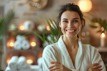 A cheerful woman with a radiant smile presenting spa services in a stylish and peaceful spa setting, surrounded by calming decor and soft lighting.