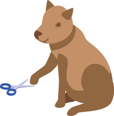 Canvas Print - Brown dog holding scissors for grooming at veterinary clinic, pet care concept